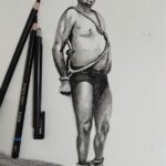 Detailed charcoal figure drawing of a standing man wearing leg shackles, realistic life drawing showcasing human form and shading techniques