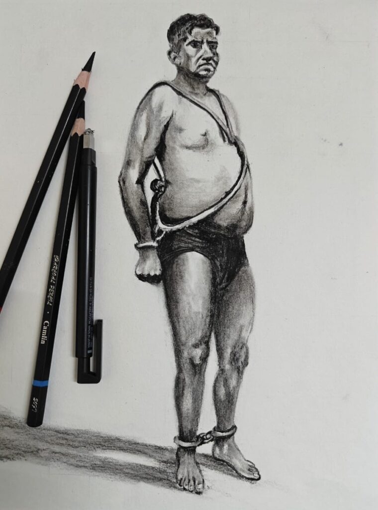 Detailed charcoal figure drawing of a standing man wearing leg shackles, realistic life drawing showcasing human form and shading techniques