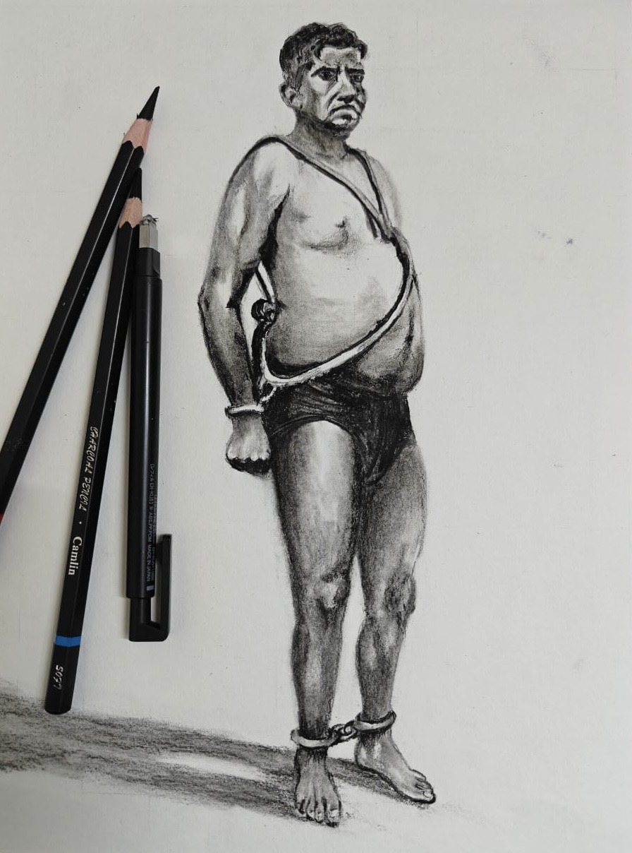 Charcoal Figure Drawing of Man in Shackles