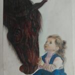 Soft pastel and colored pencil drawing of a young girl in blue overalls reaching up to touch a brown horse's muzzle