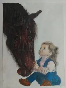 Soft pastel and colored pencil drawing of a young girl in blue overalls reaching up to touch a brown horse's muzzle