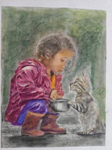 Rainy Day Care: A Girl Feeding Her Cat with Love