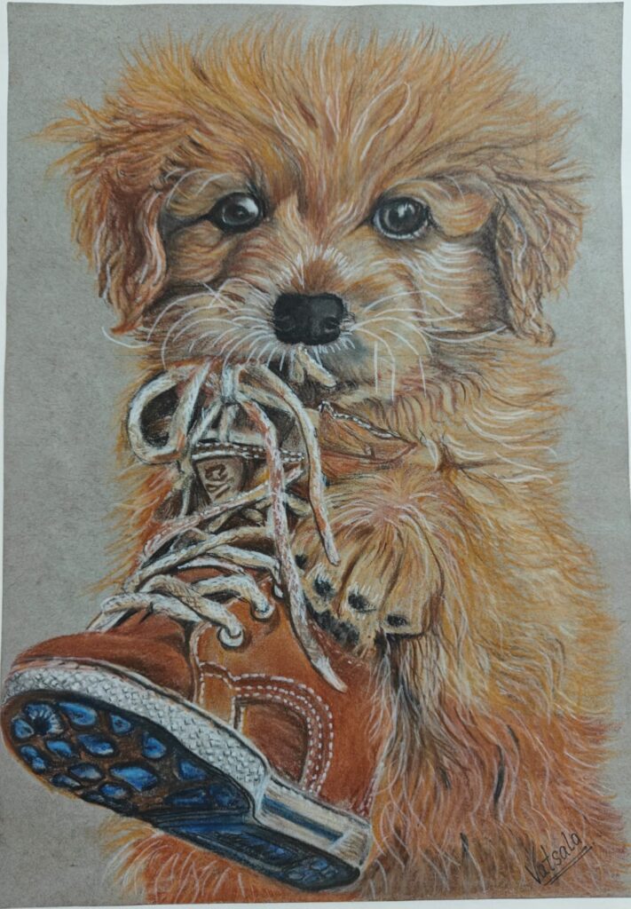 Adorable colored pencil and pastel drawing of fluffy golden puppy playing with a brown leather shoe, realistic pet artwork showcasing soft fur texture and playful behavior