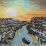 Vibrant colored pencil drawing of Venice canal at sunset with gondolas, historic buildings, and dramatic orange-yellow sky reflecting in the water