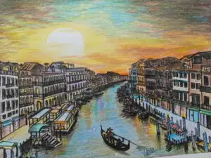 Vibrant colored pencil drawing of Venice canal at sunset with gondolas, historic buildings, and dramatic orange-yellow sky reflecting in the water