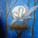 Acrylic painting of two white swans forming a heart shape with their necks in their nest under a starry night sky