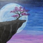 Acrylic painting of a cherry blossom tree with pink flowers on a cliff edge beneath a large full moon and starry night sky