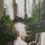 Acrylic painting of a multi-tiered waterfall cascading through lush green forest with rocky cliffs and vegetation