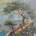 Acrylic painting of resilient trees with twisted trunks growing from rocky cliffs near water with a misty atmospheric background
