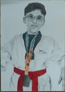 Realistic mixed media portrait of young boy in white taekwondo uniform with red belt and bronze medal, celebrating martial arts achievement