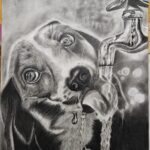 Detailed charcoal drawing of a dog drinking from a water faucet, realistic pet portrait showcasing expressive eyes and fine shading technique