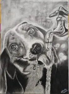 Detailed charcoal drawing of a dog drinking from a water faucet, realistic pet portrait showcasing expressive eyes and fine shading technique