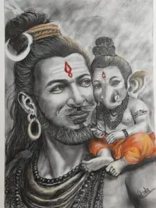 Mixed media artwork depicting Lord Shiva holding baby Ganesha with traditional Hindu iconography, charcoal drawing with orange color accents and red tilaka marks