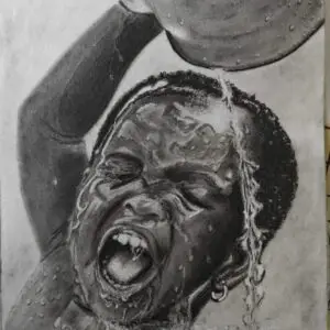 Detailed charcoal drawing of young boy enjoying bath time with water splashing, realistic portrait showcasing water effects and joyful expression