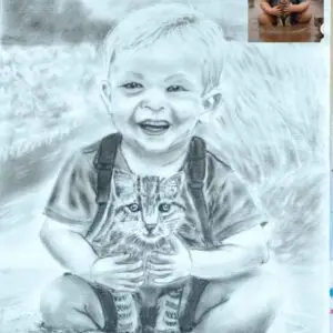 Heartwarming charcoal drawing of smiling young boy gently holding a tabby kitten, realistic portrait showcasing the loving bond between child and pet
