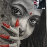 Dramatic charcoal portrait with red color accents of an Indian woman peeking through fingers, mixed media artwork with traditional bindi and expressive eyes