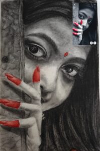 Dramatic charcoal portrait with red color accents of an Indian woman peeking through fingers, mixed media artwork with traditional bindi and expressive eyes