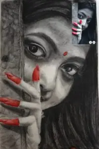 Dramatic charcoal portrait with red color accents of an Indian woman peeking through fingers, mixed media artwork with traditional bindi and expressive eyes