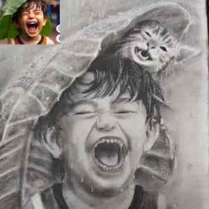 Expressive charcoal drawing of young boy laughing joyfully while holding a cat in the rain, realistic artwork capturing pure childhood happiness and weather effects