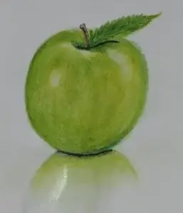 Realistic colored pencil and pastel drawing of bright green apple with leaf and stem, showing detailed reflection on glossy surface below
