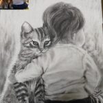 Heartwarming charcoal drawing of young boy gently holding and cuddling a tabby kitten, realistic portrait showcasing the bond between child and pet