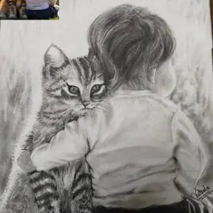 Heartwarming charcoal drawing of young boy gently holding and cuddling a tabby kitten, realistic portrait showcasing the bond between child and pet