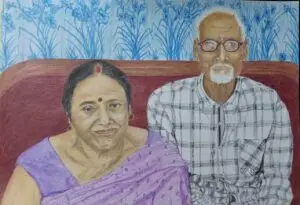 Colored pencil and pastel portrait of elderly Indian couple sitting together, woman in purple sari with traditional bindi, man in checkered shirt with glasses