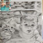 Detailed charcoal drawing of toddler and cat swimming underwater with realistic water effects and bubbles, imaginative fine art showcasing advanced charcoal techniques