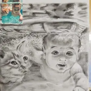 Detailed charcoal drawing of toddler and cat swimming underwater with realistic water effects and bubbles, imaginative fine art showcasing advanced charcoal techniques