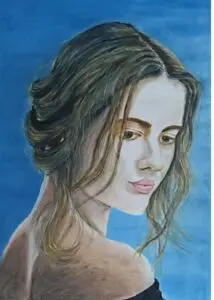 Mixed media portrait of young woman with flowing hair against vibrant blue background, realistic artwork combining multiple drawing techniques