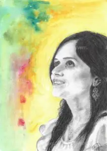 Mixed media artwork of young woman gazing upward, charcoal portrait with vibrant watercolor background in yellow, green and pink tones