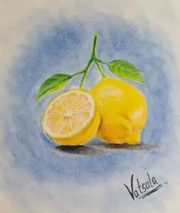 Vibrant colored pencil and pastel still life featuring fresh lemons with green leaves against soft blue background, realistic fruit artwork showcasing bright yellow colors🍋