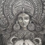 Detailed charcoal drawing of Goddess Durga with ornate crown and jewelry, featuring her lion companion below, intricate Hindu religious artwork with traditional iconography