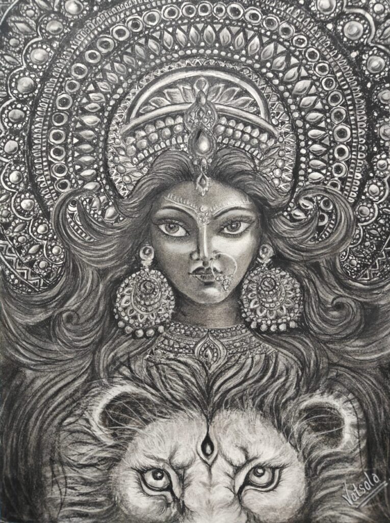Detailed charcoal drawing of Goddess Durga with ornate crown and jewelry, featuring her lion companion below, intricate Hindu religious artwork with traditional iconography