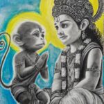 Mixed media artwork depicting Lord Ram and Hanuman from Hindu mythology, combining charcoal portraits with vibrant colored background in blue and yellow tones