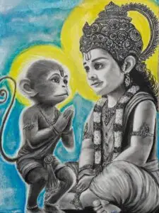 Mixed media artwork depicting Lord Ram and Hanuman from Hindu mythology, combining charcoal portraits with vibrant colored background in blue and yellow tones
