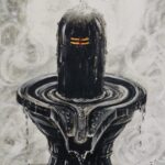Charcoal drawing of an ornate Shiva lingam with intricate carved base and flowing water