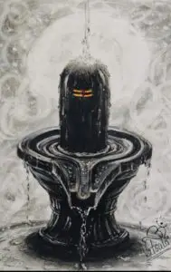 Charcoal drawing of an ornate Shiva lingam with intricate carved base and flowing water