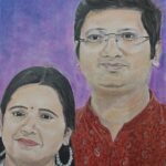 Detailed colored pencil and pastel portrait of an Indian couple against purple background, woman in traditional sari and man in red kurta