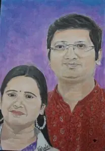 Detailed colored pencil and pastel portrait of an Indian couple against purple background, woman in traditional sari and man in red kurta