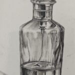 Detailed charcoal drawing of glass perfume bottle with decorative stopper, realistic still life artwork showcasing transparency and reflections