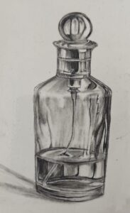 Detailed charcoal drawing of glass perfume bottle with decorative stopper, realistic still life artwork showcasing transparency and reflections