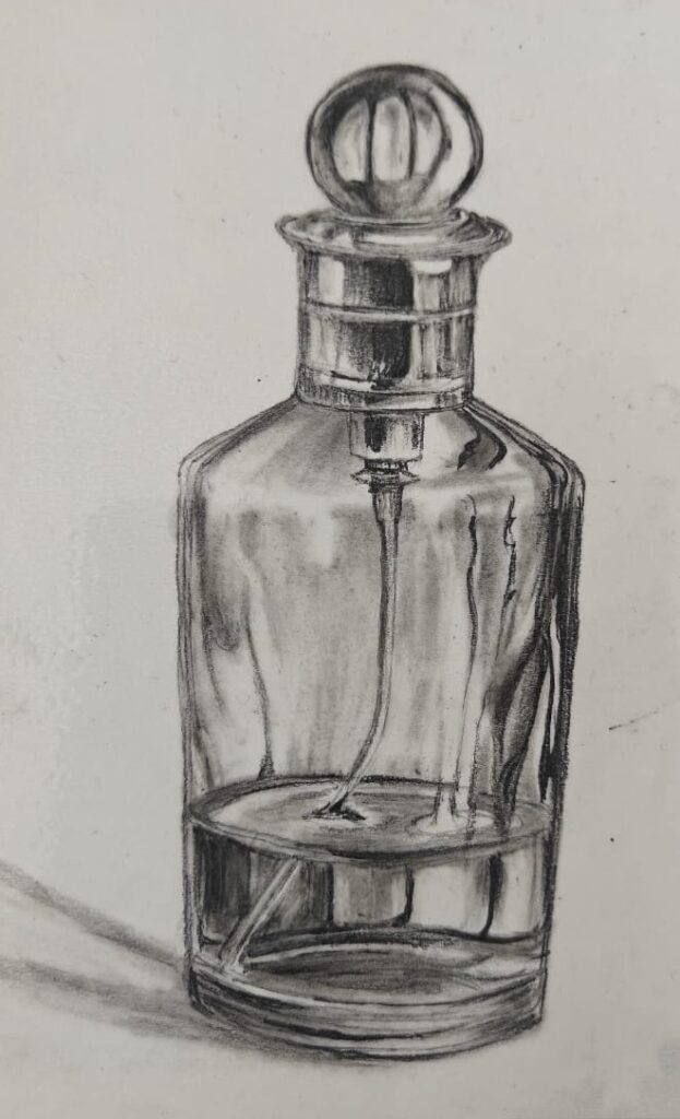 Detailed charcoal drawing of glass perfume bottle with decorative stopper, realistic still life artwork showcasing transparency and reflections