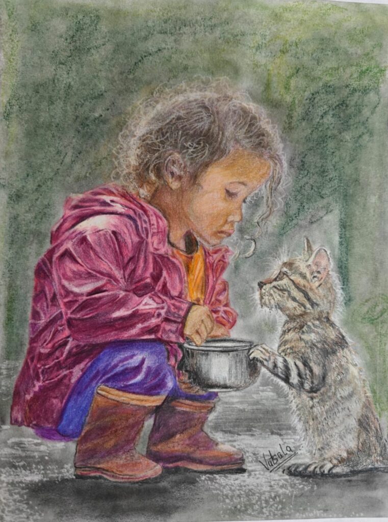 Colored pencil and soft pastel drawing of a young girl in purple jacket feeding a tabby cat from a bowl