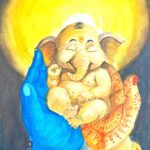 Mixed media artwork of Baby Ganesha with golden halo surrounded by warm yellow light, created with pencil and pastels