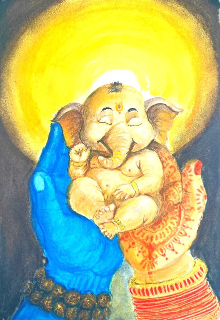 Mixed media artwork of Baby Ganesha with golden halo surrounded by warm yellow light, created with pencil and pastels