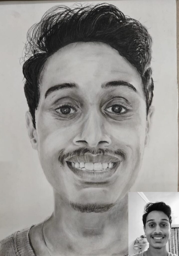Charcoal portrait of smiling teenager with bright joyful expression and radiant smile, realistic portrait art