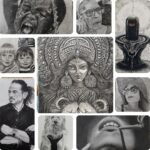 Collection of charcoal artwork including portraits, mythological figures, children, animals and detailed drawings showcasing various charcoal techniques and subjects
