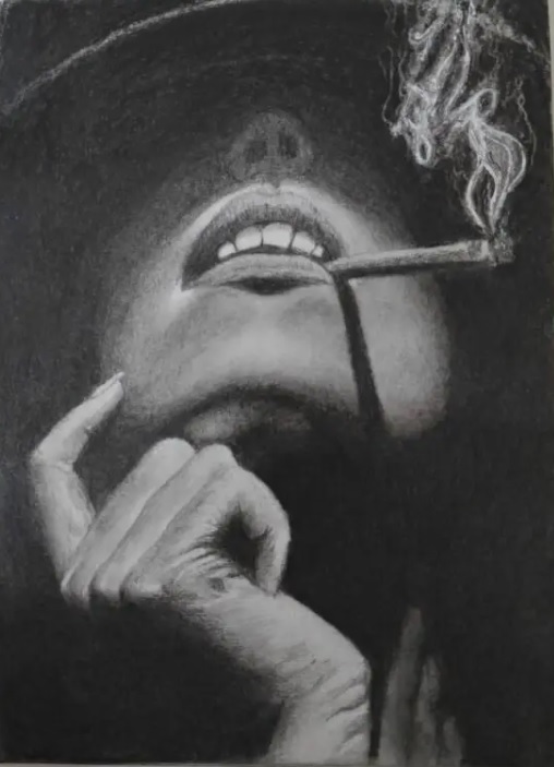 Dramatic charcoal drawing of woman smoking cigarette with curling smoke, noir style artwork showcasing atmospheric lighting and shadow techniques