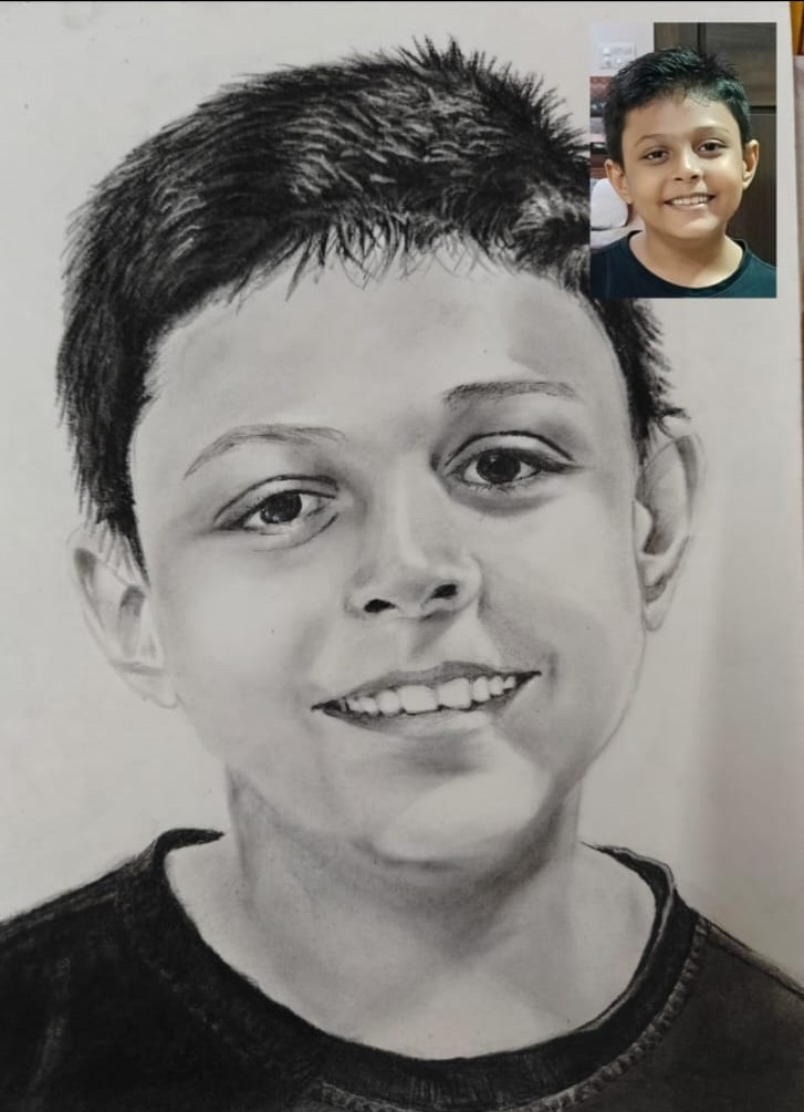 Charcoal portrait of smiling young boy with bright eyes and cheerful expression, realistic children's portrait art